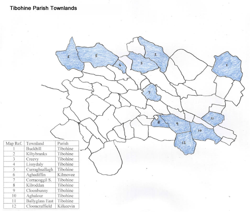 Townland Map of part of Tibohine Civil Parish showing Freeman/Seery locations