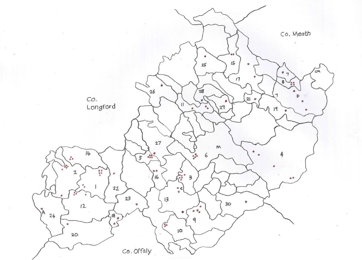 Distribution of the Seery Surname across the County of Westmeath, 1854